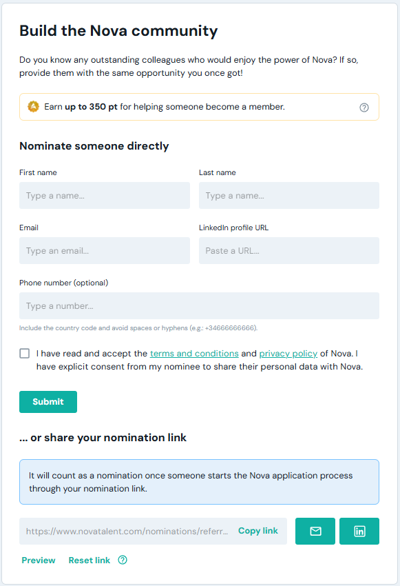 Nova nomination page showing both ways to refer
